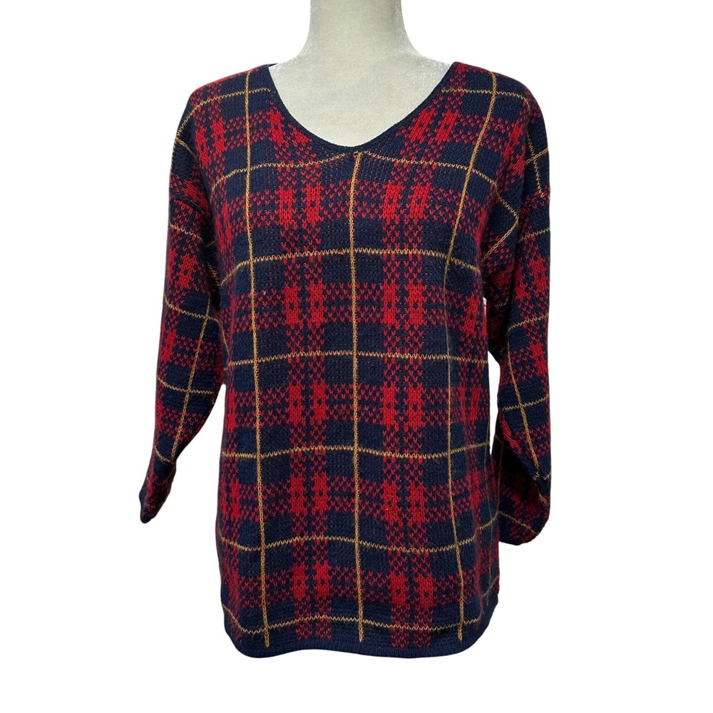 Vtg 90s Womens Grandmacore Pullover‎ Plaid Sweter Long Sleeve Sz L Dark Acdemia